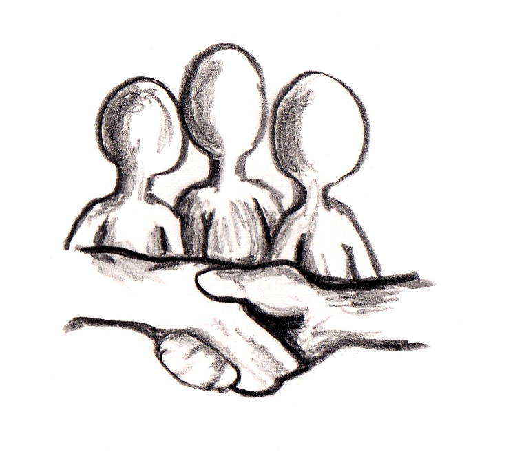 Zwei sich reichende Hände unter drei stilisierten Personen als Symbol für Mediation und Konfliktlösung