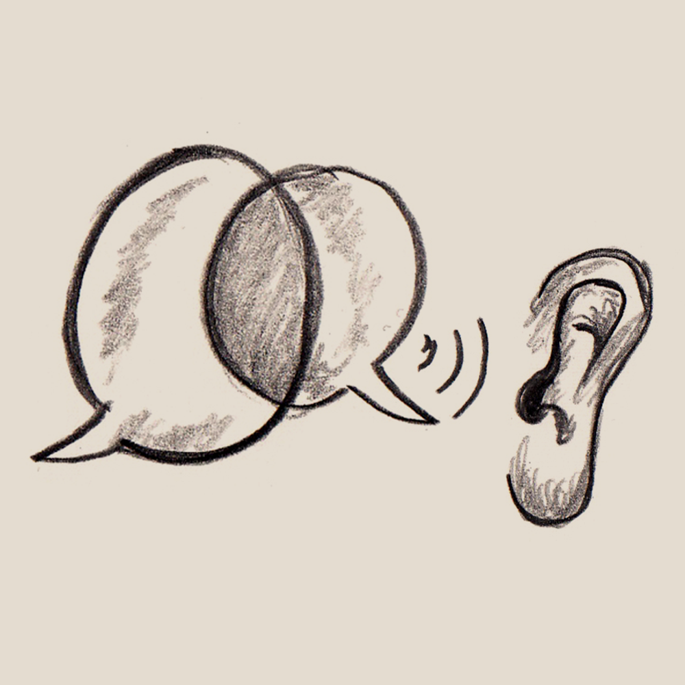 Illustration von zwei überlappenden Sprechblasen neben einem Ohr als Symbol für Kommunikation, Zuhören und Missverständnisse in Konflikten
